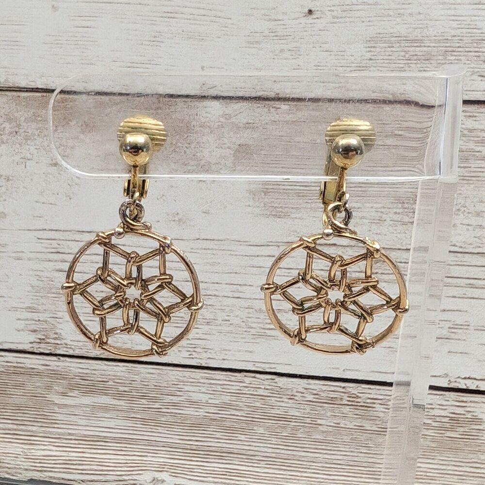 Vintage Clip On Earrings - Gold Tone Dangle with Star Like Design